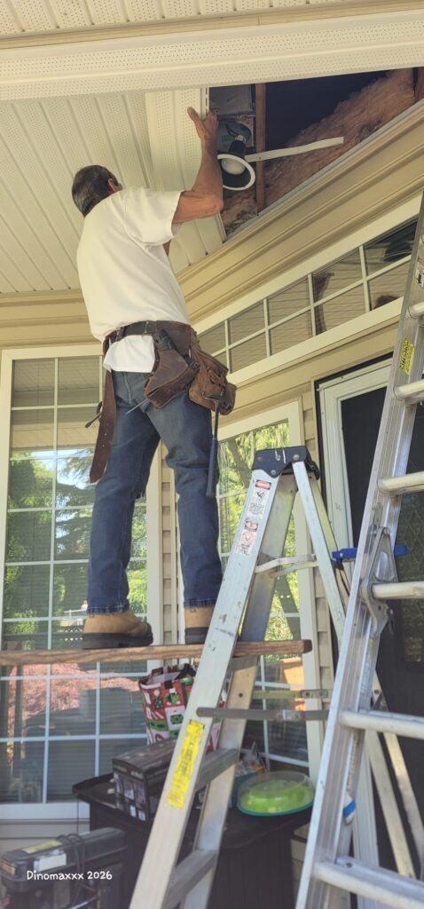 Stefan working on soffit repair for soffits damaged by nesting birds.