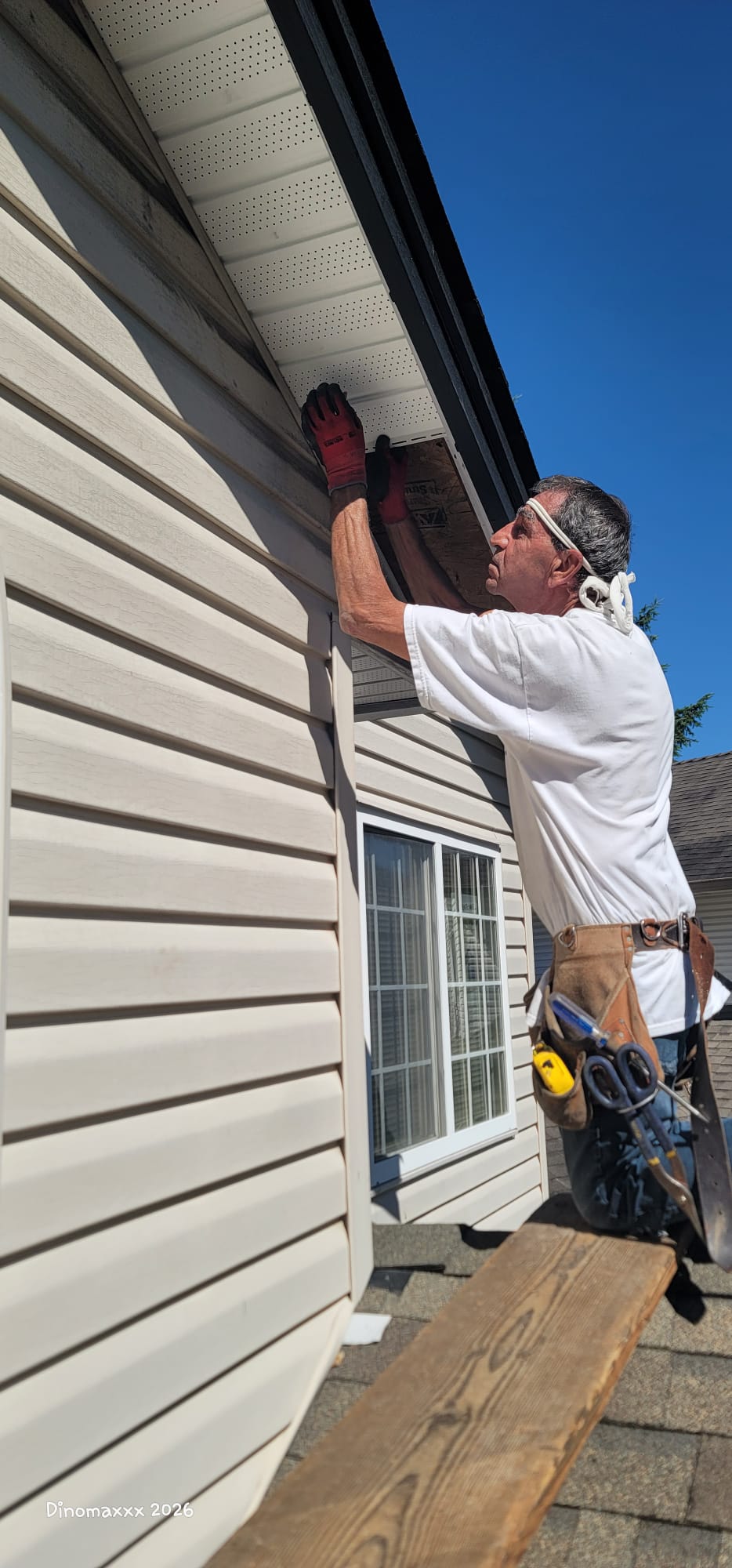 Stefan working on soffit repair for soffits damaged by nesting birds.