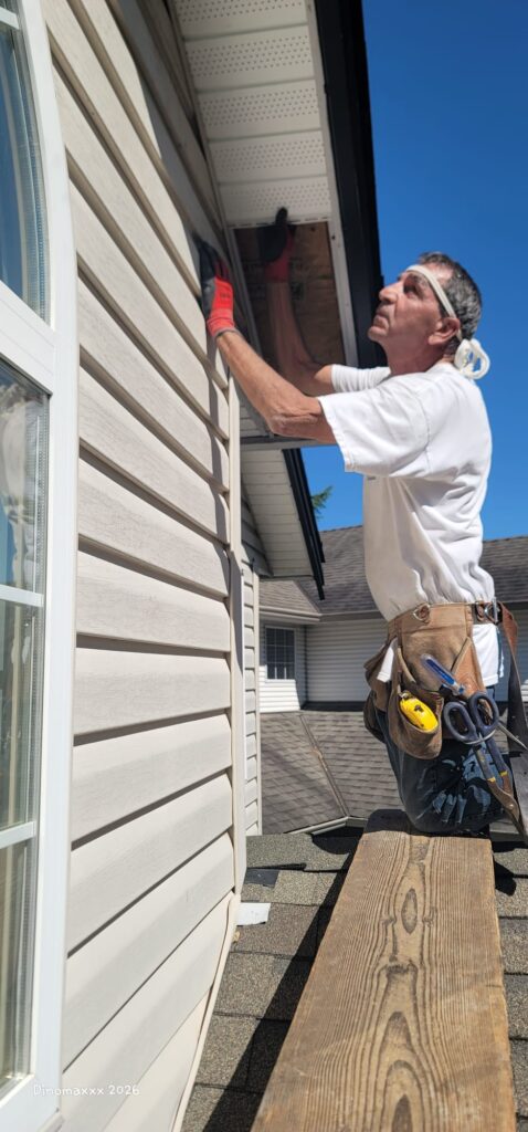 Stefan working on soffit repair for soffits damaged by nesting birds.