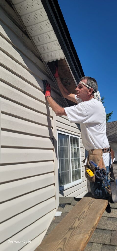 Stefan working on soffit repair for soffits damaged by nesting birds.